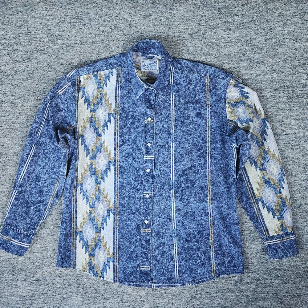 Vintage Rockmount Ranch Wear Western Shirt Blue Acid Washed Aztec Pearl Snaps 80
